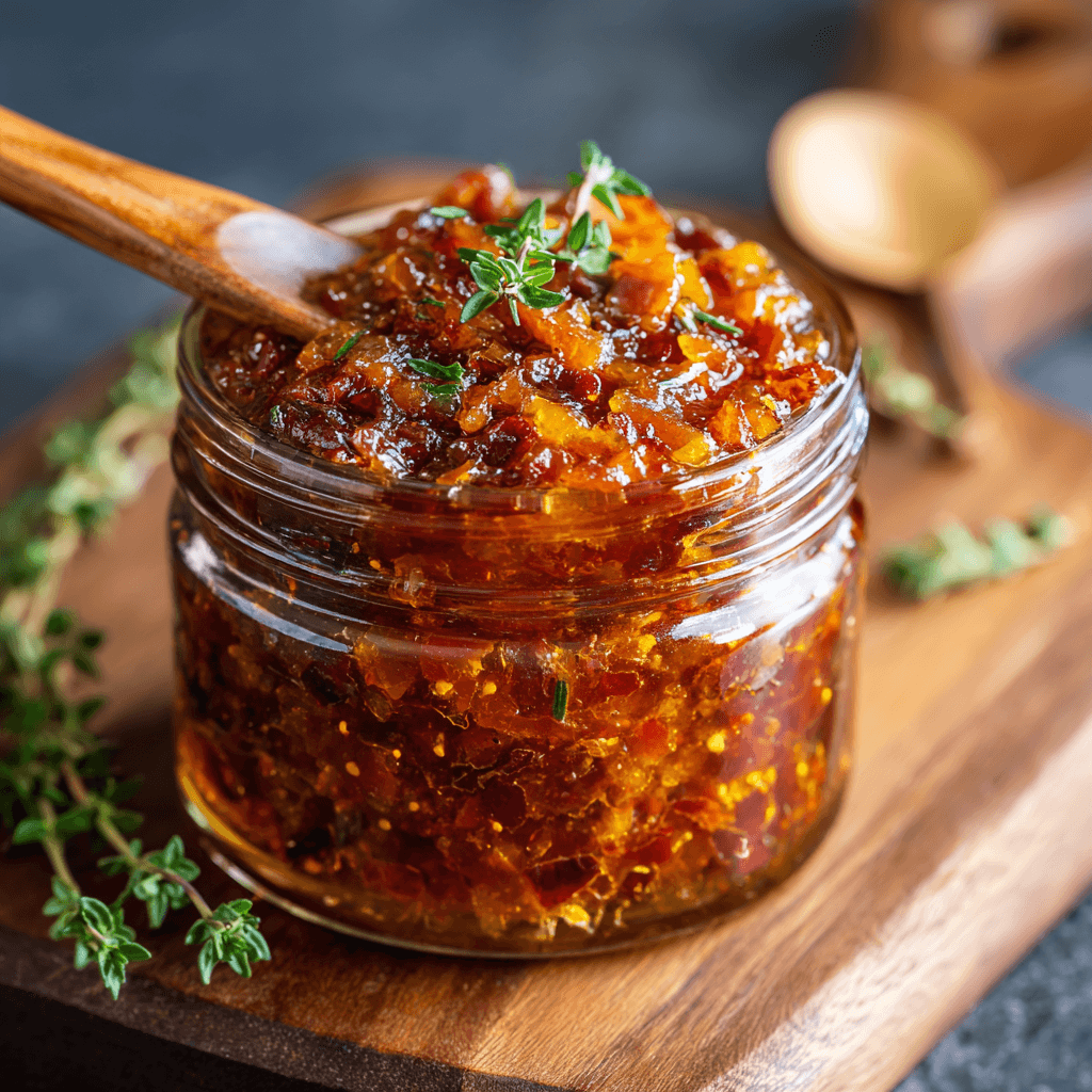 Close-up of finished Gordon Ramsay Bacon Jam in jar with wooden spoon, ready to serve