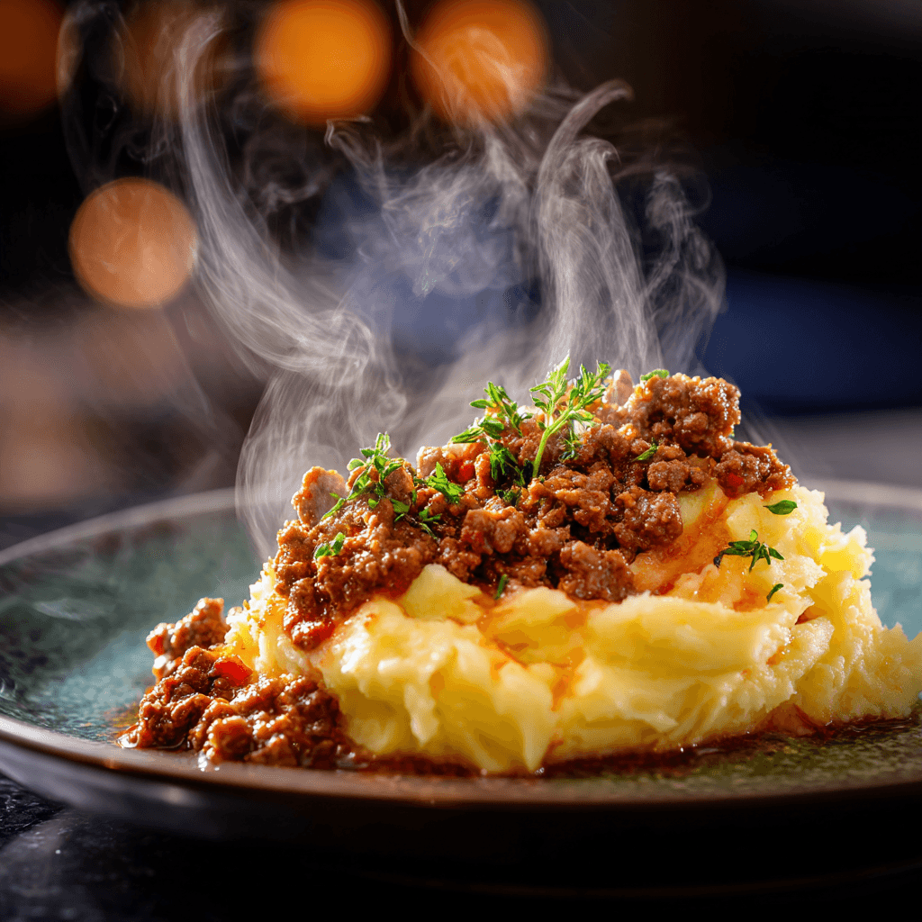 Close-up of finished Gordon Ramsay Mince And Tatties plated and ready to serve