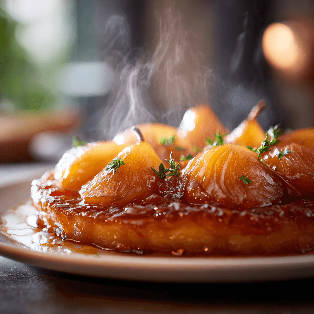 Close-up of finished Gordon Ramsay Pear Tarte Tatin plated and ready to serve