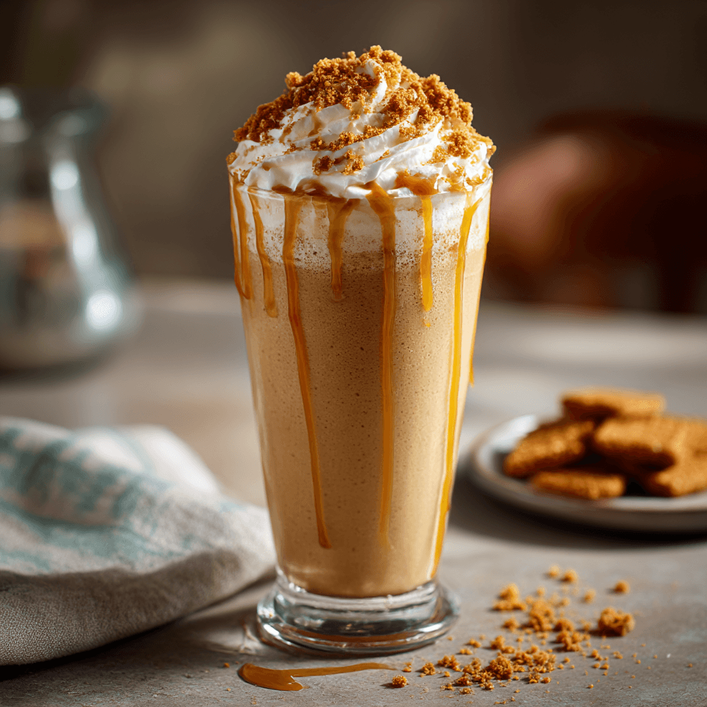 Close-up of finished Gordon Ramsay Biscoff Shake in glass ready to serve