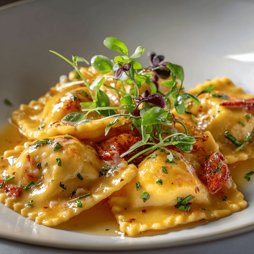 Close-up of finished Gordon Ramsay Lobster Ravioli plated and ready to serve