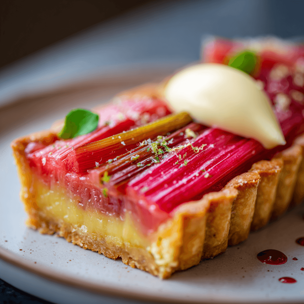 Close-up of finished Gordon Ramsay Rhubarb Tart plated and ready to serve
