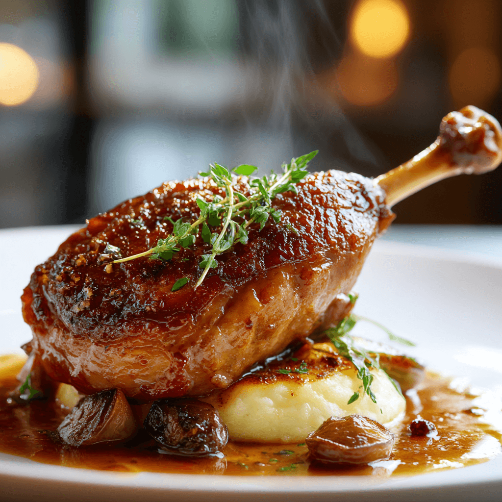Close-up of finished Gordon Ramsay Duck Confit plated and ready to serve