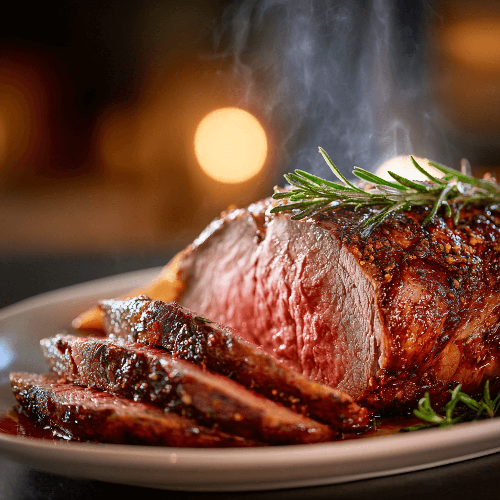 Close-up of finished Gordon Ramsay Roast Beef plated and ready to serve