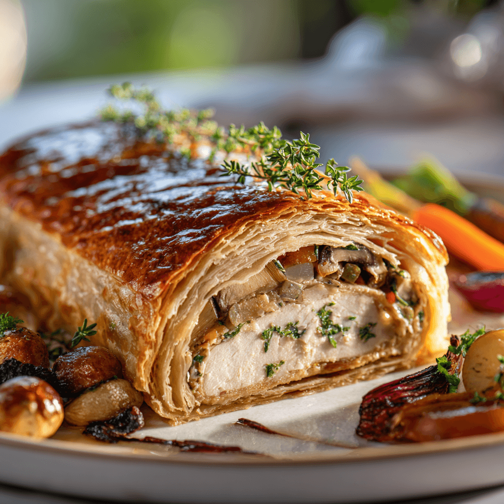 Close-up of finished Gordon Ramsay Turkey Wellington sliced and plated showing golden pastry and juicy turkey
