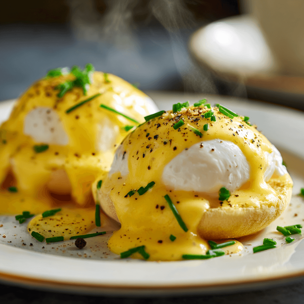 Close-up of finished Gordon Ramsay Hollandaise Sauce drizzled over eggs benedict and ready to serve