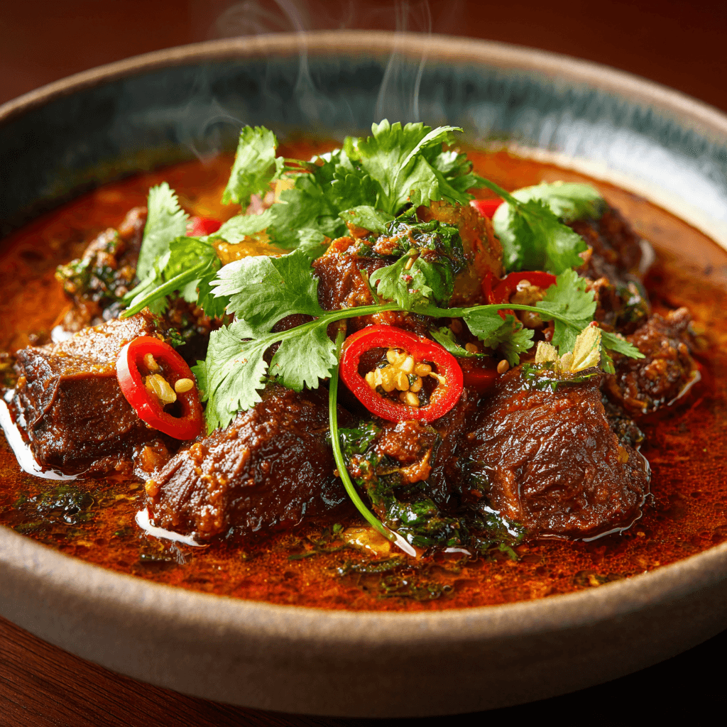Close-up of finished Gordon Ramsay Goat Curry plated and ready to serve