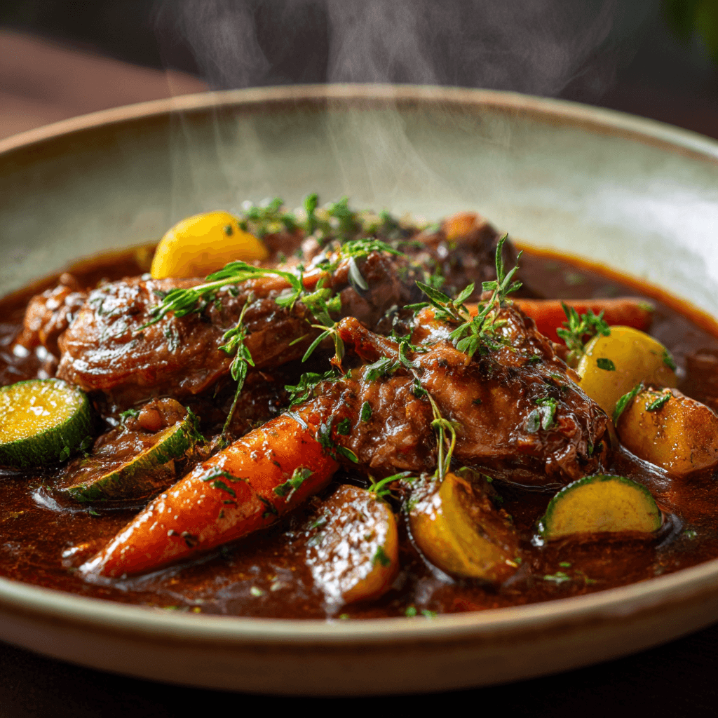 Close-up of finished Gordon Ramsay Rabbit Stew plated and ready to serve with fresh herbs
