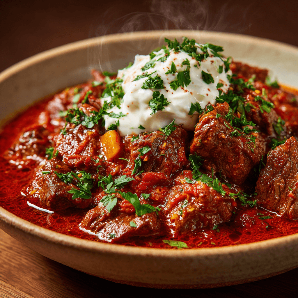 Close-up of finished Gordon Ramsay Hungarian Goulash plated and ready to serve