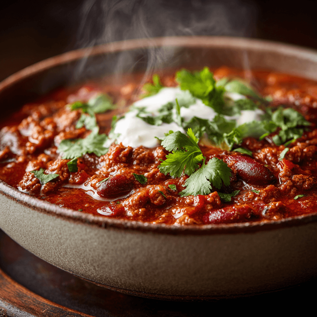 Close-up of finished Gordon Ramsay Texas Chili plated and ready to serve