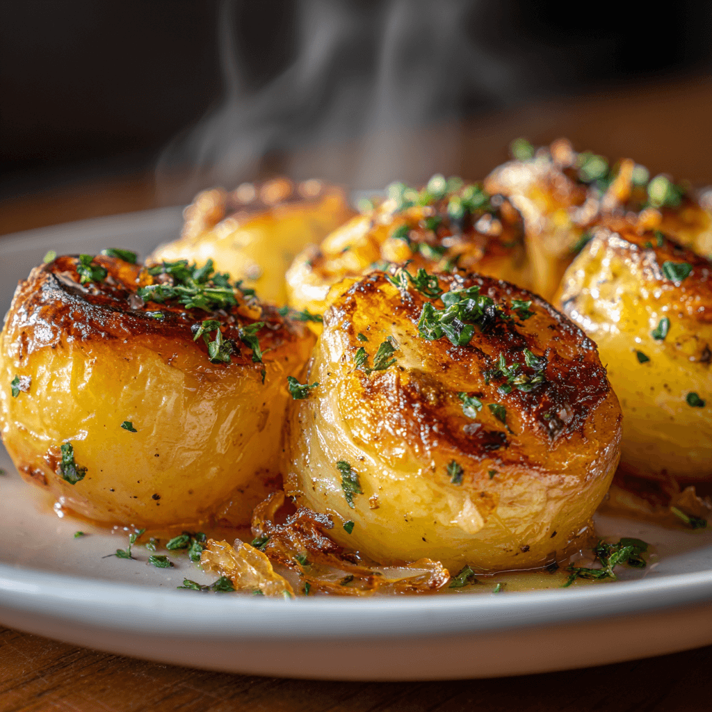 Close-up of finished Gordon Ramsay Boulangere Potatoes plated and ready to serve