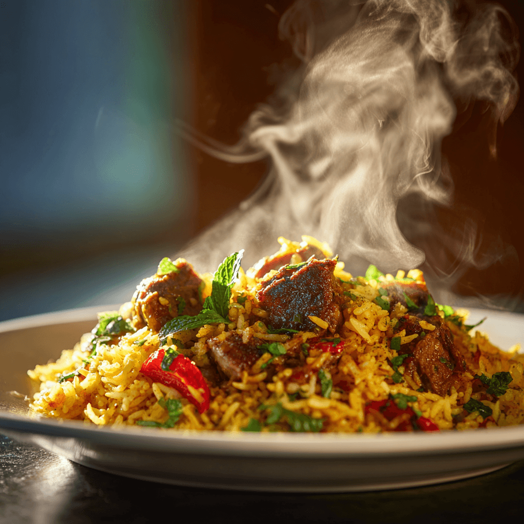 Close-up of finished Gordon Ramsay Goat Biryani plated and ready to serve