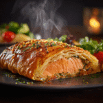 Close-up of finished Gordon Ramsay Salmon Wellington plated and ready to serve