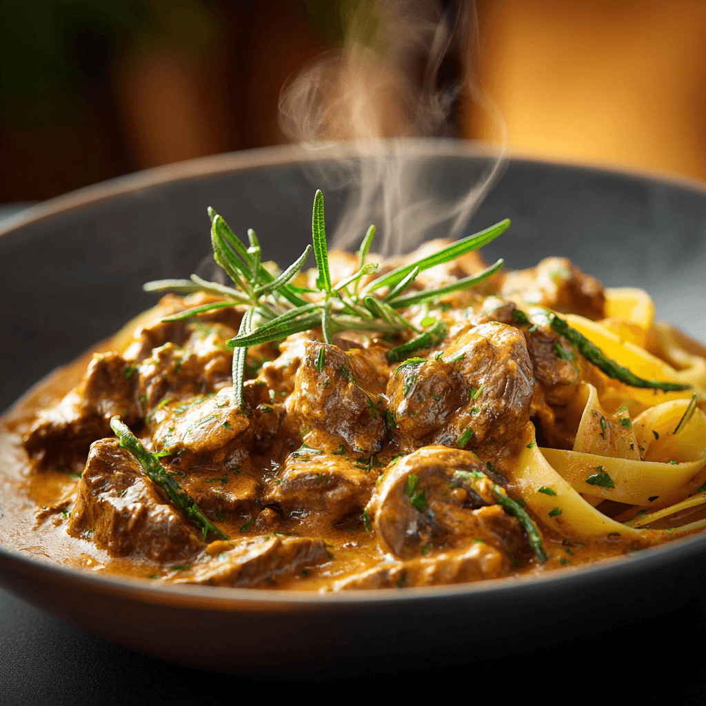 Close-up of finished Gordon Ramsay Beef Stroganoff plated and ready to serve