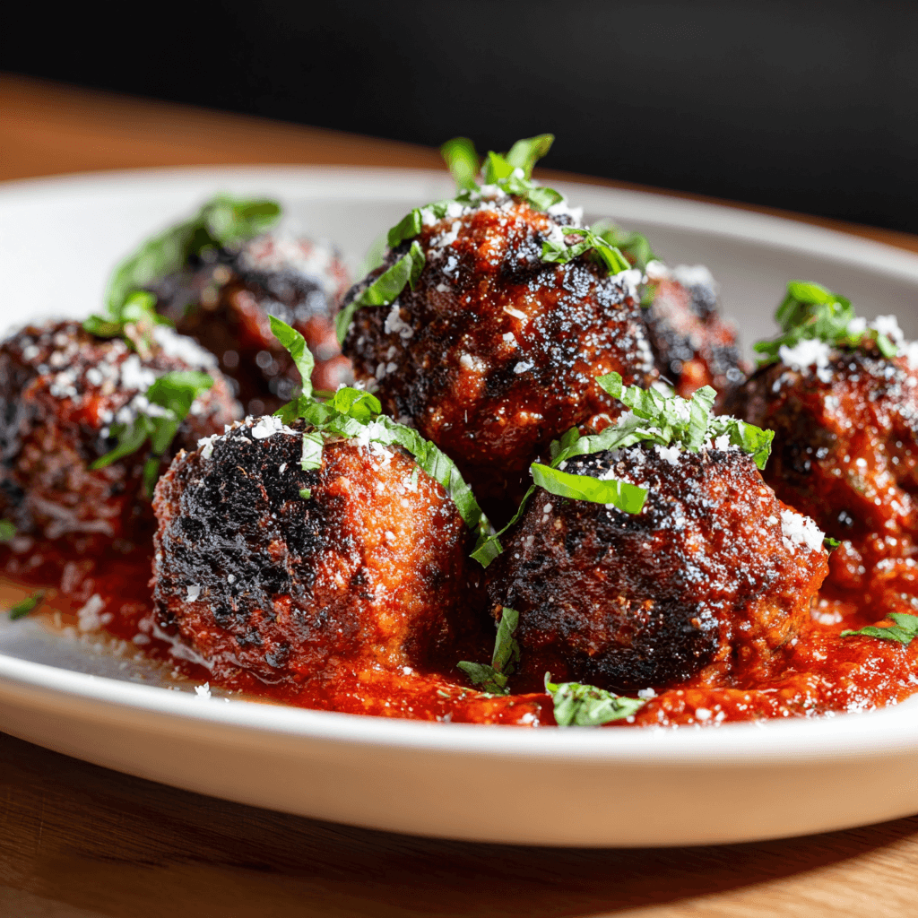 Close-up of finished Gordon Ramsay Italian Meatballs plated and ready to serve