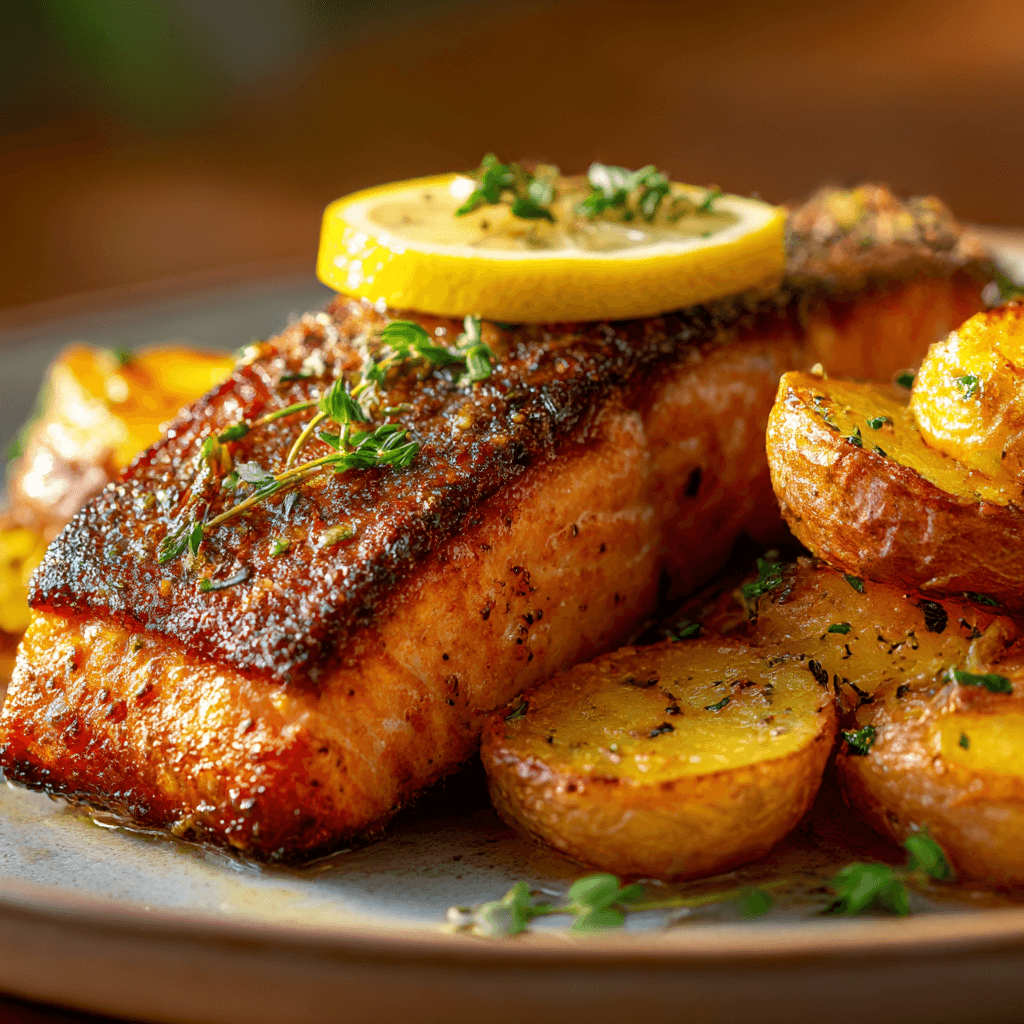 Close-up of finished Gordon Ramsay Salmon Smashed Potatoes plated and ready to serve