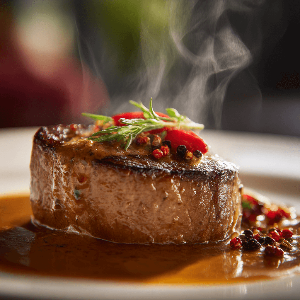 Close-up of finished Gordon Ramsay Steak Diane plated and ready to serve