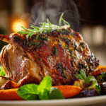 Close-up of finished Gordon Ramsay Roast Leg Of Lamb with herb crust plated and ready to serve