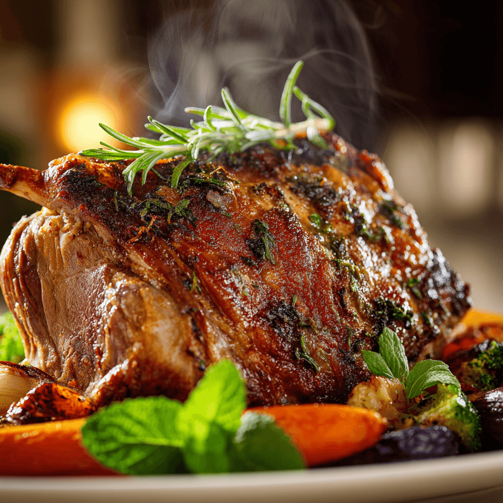 Close-up of finished Gordon Ramsay Roast Leg Of Lamb with herb crust plated and ready to serve