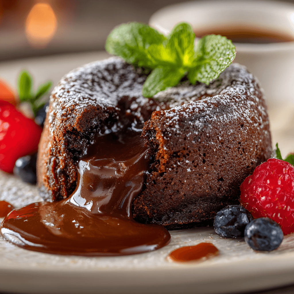 Close-up of finished Gordon Ramsay Chocolate Lava Cake with molten chocolate center flowing out