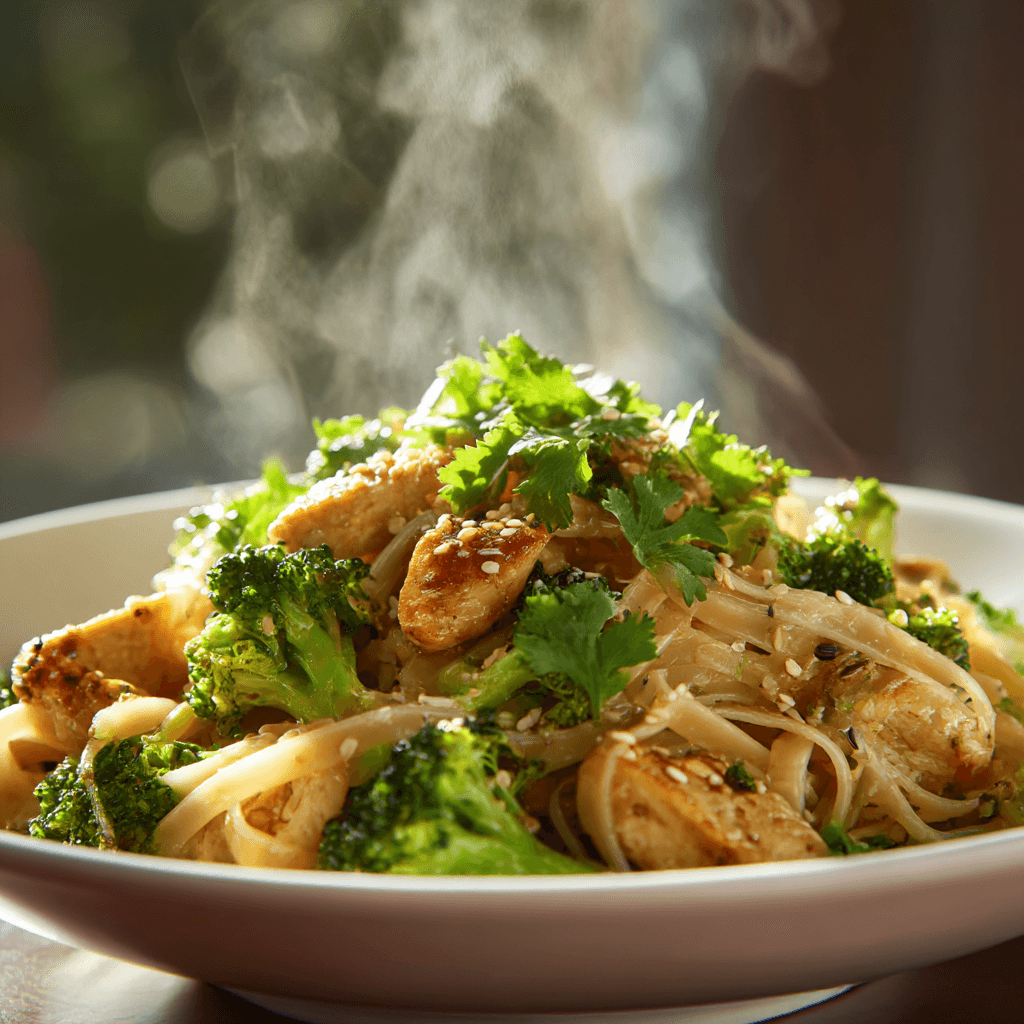 Close-up of finished Gordon Ramsay Chicken Broccoli Rice Noodles plated and ready to serve
