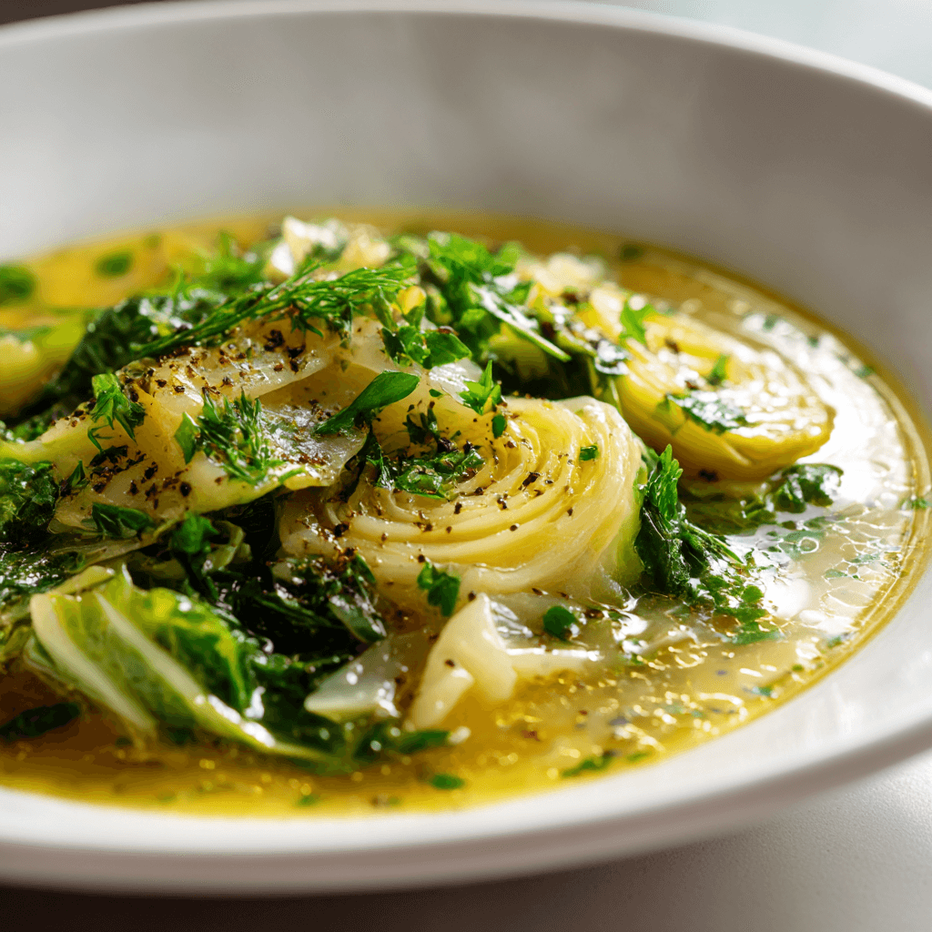 Close-up of finished Gordon Ramsay Cabbage Soup plated and ready to serve