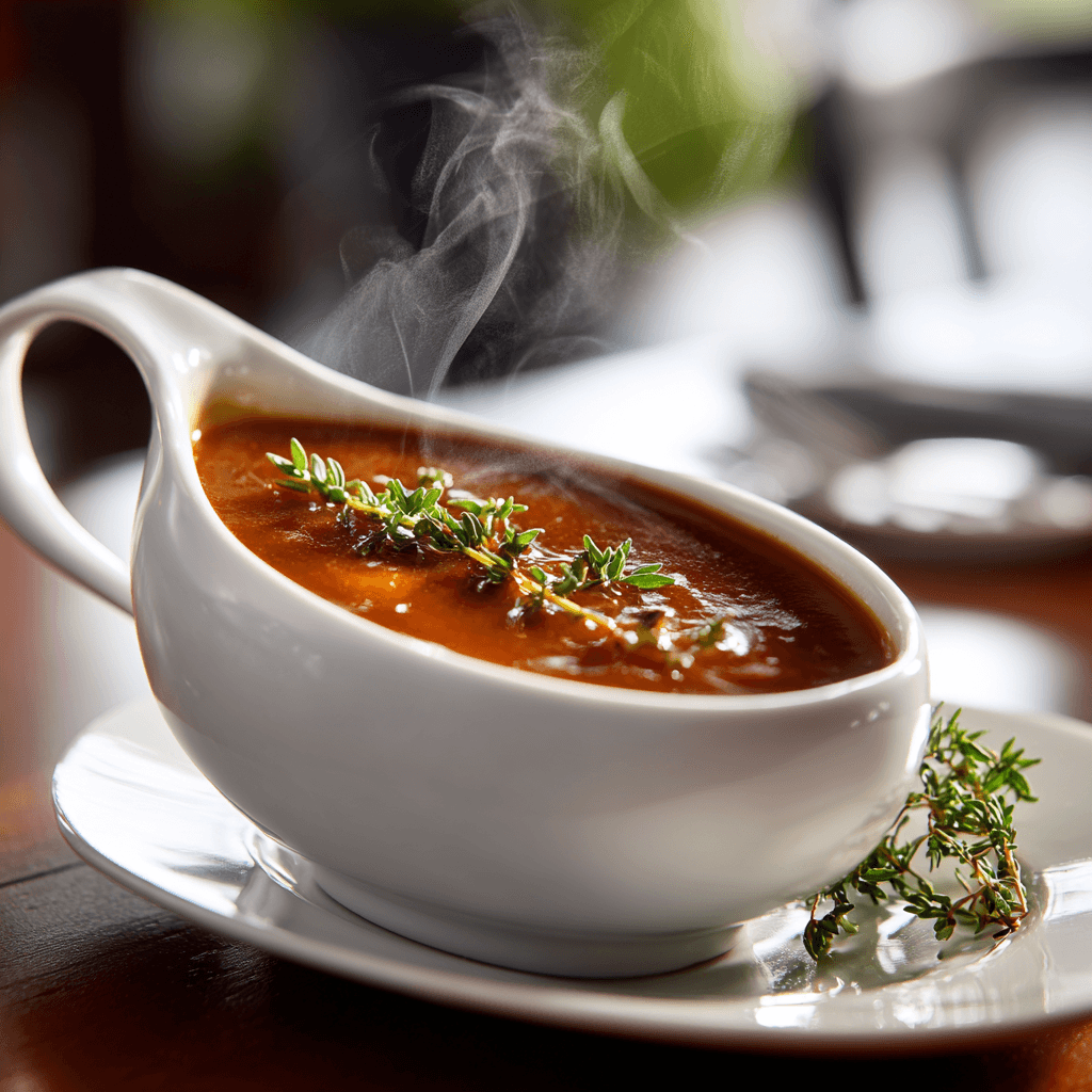 Close-up of finished Gordon Ramsay Madeira Sauce in sauce boat ready to serve