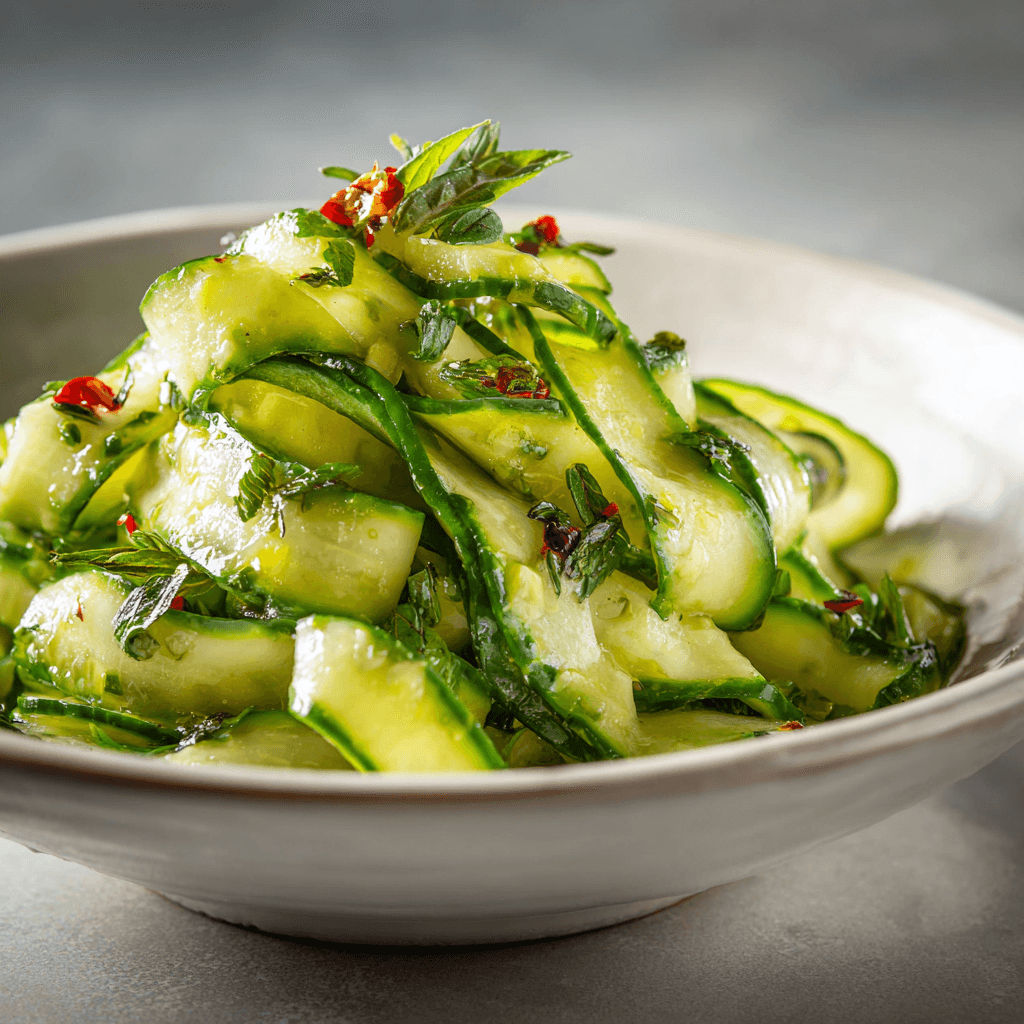 Close-up of finished Gordon Ramsay Cucumber Salad plated and ready to serve