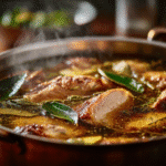 Close-up of Gordon Ramsay Turkey Brine with turkey submerged in aromatic herb solution