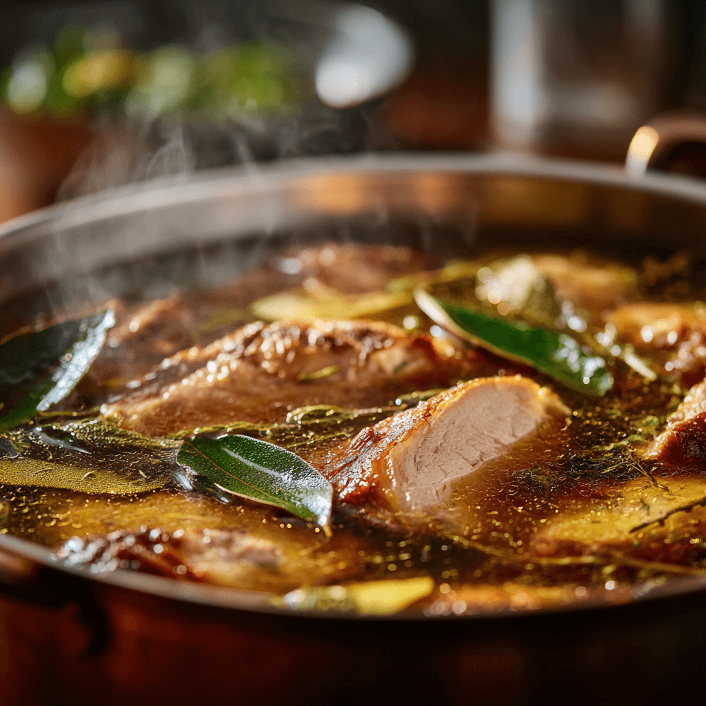 Close-up of Gordon Ramsay Turkey Brine with turkey submerged in aromatic herb solution