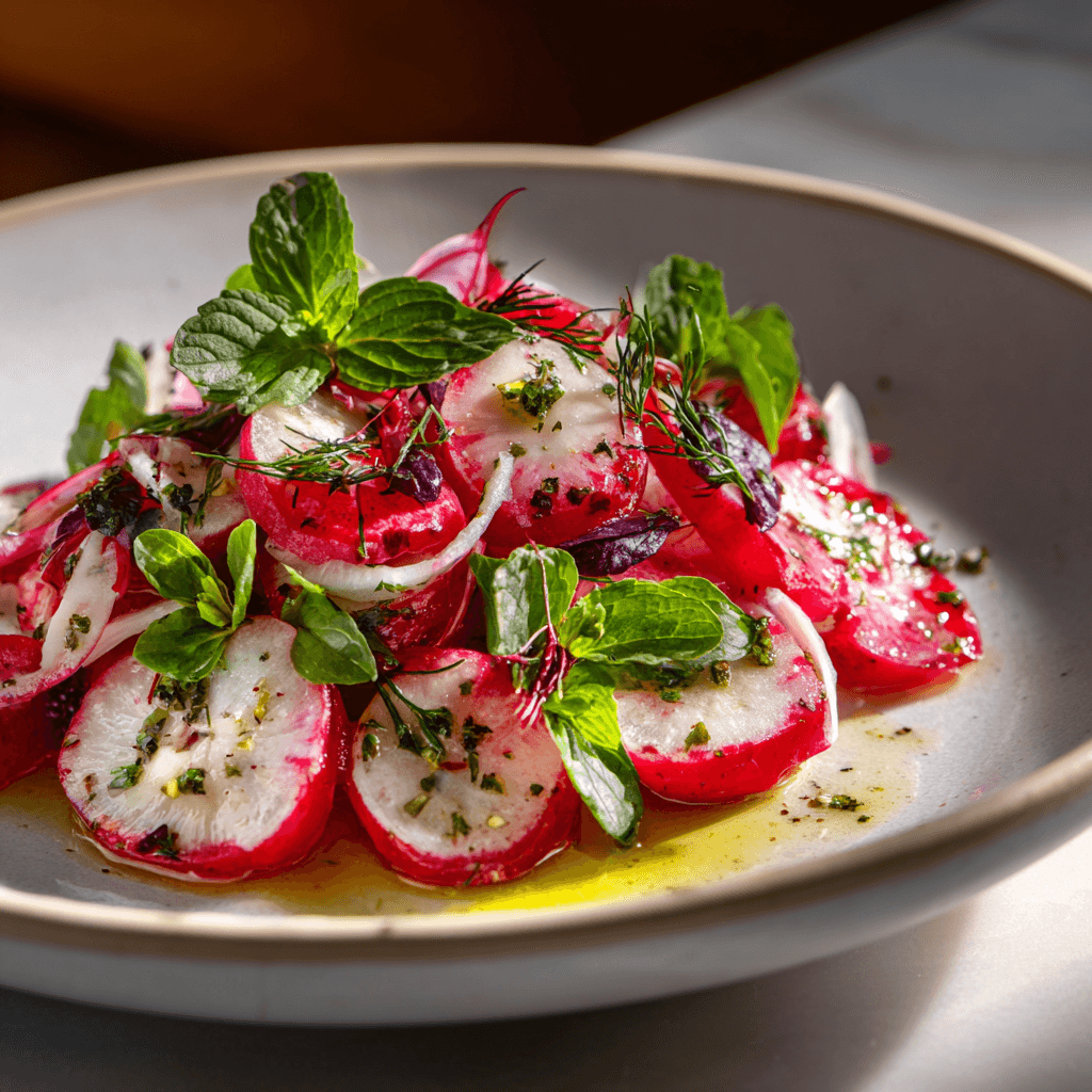 Close-up of finished Gordon Ramsay Radish Salad plated and ready to serve