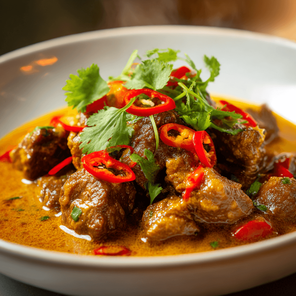 Close-up of finished Gordon Ramsay Beef Curry plated and ready to serve with garnish