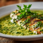 Close-up of finished Gordon Ramsay Salsa Verde plated and ready to serve