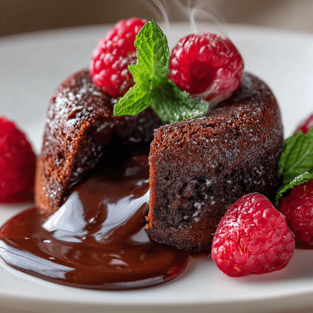 Close-up of finished Gordon Ramsay Molten Lava Cake with molten chocolate center flowing onto plate