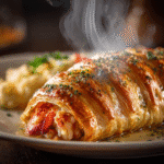 Close-up of finished Gordon RamsayLobster Wellington plated and ready to serve