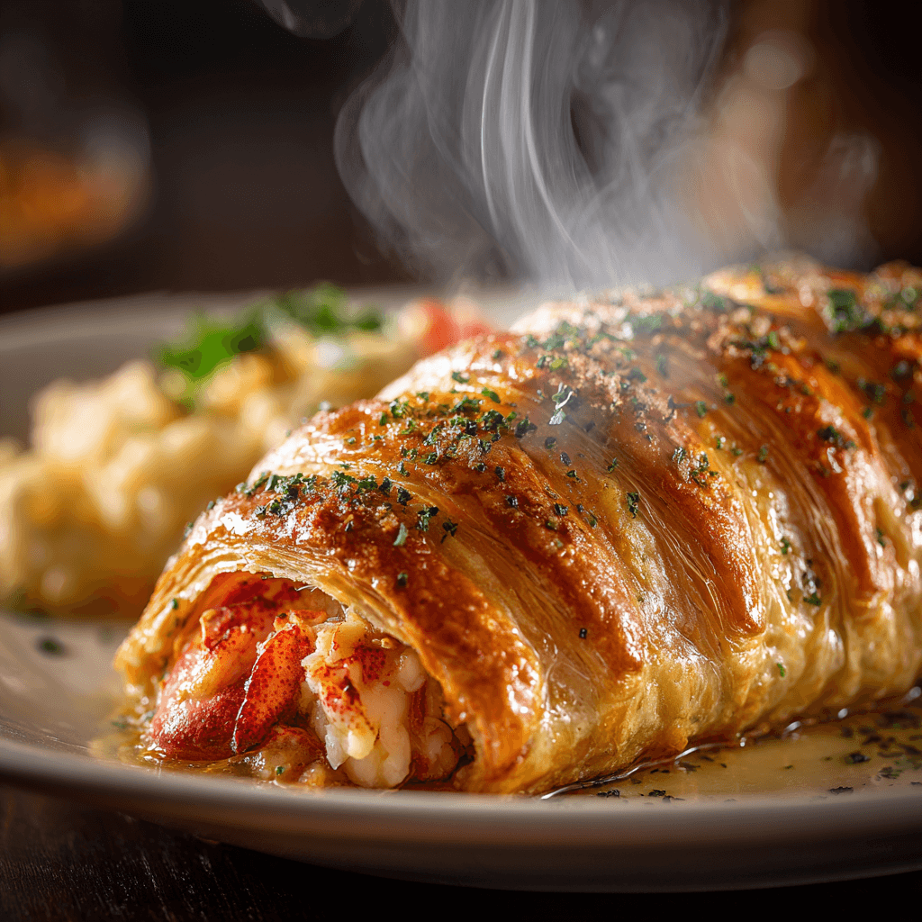 Close-up of finished Gordon RamsayLobster Wellington plated and ready to serve
