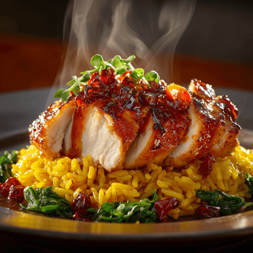 Close-up of finished Gordon Ramsay Chicken And Rice plated and ready to serve