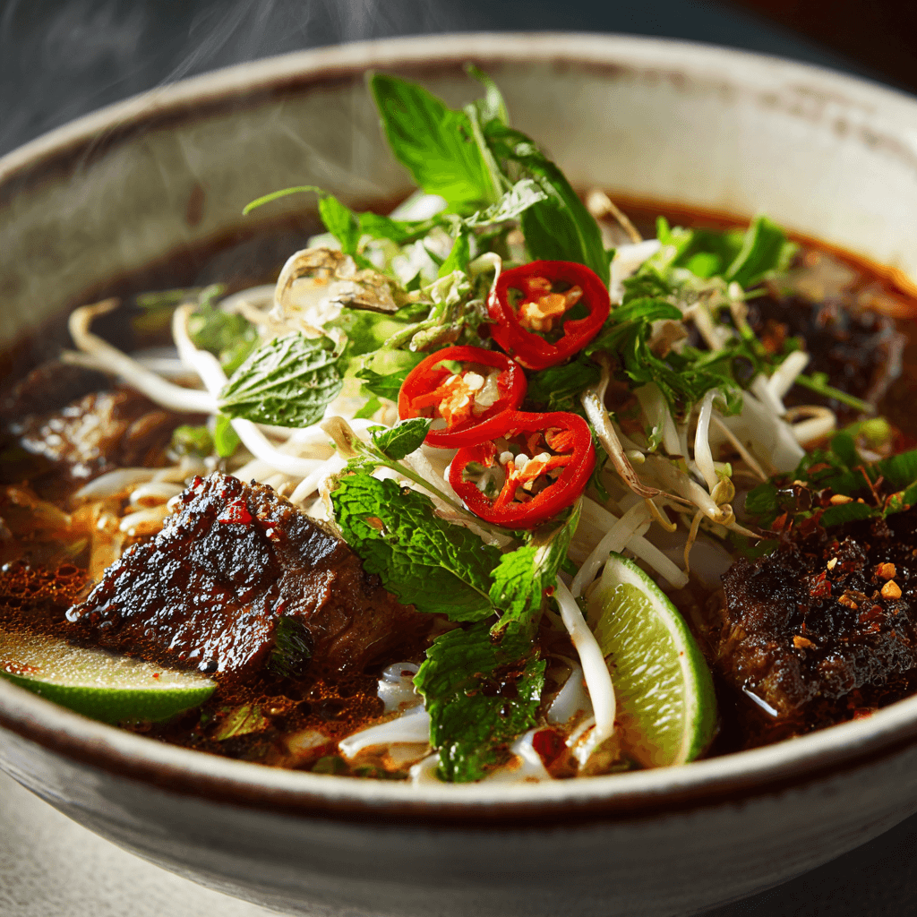 Close-up of finished Gordon Ramsay Vietnamese Noodle Soup plated and ready to serve
