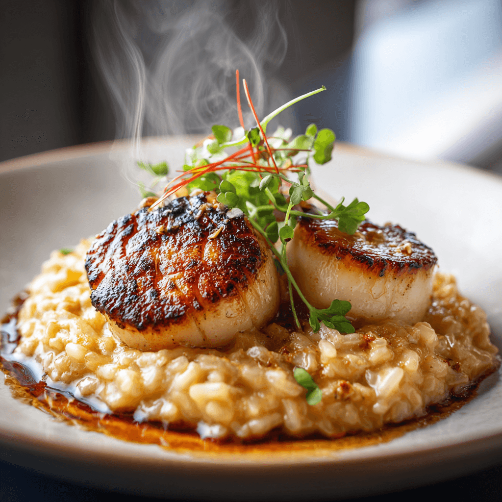 Close-up of finished Gordon Ramsay Scallop Risotto plated and ready to serve