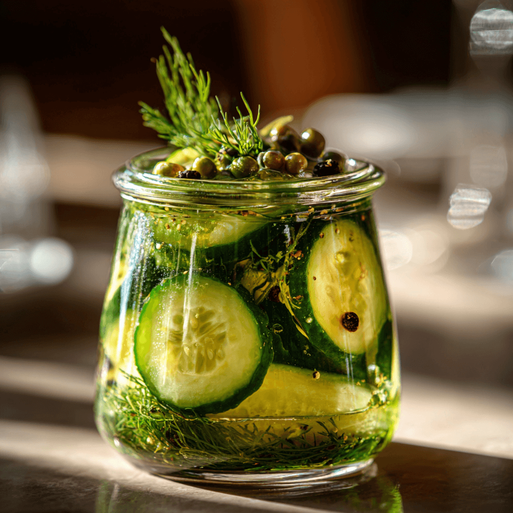 Close-up of finished Gordon Ramsay Pickled Cucumber in glass jar ready to serve