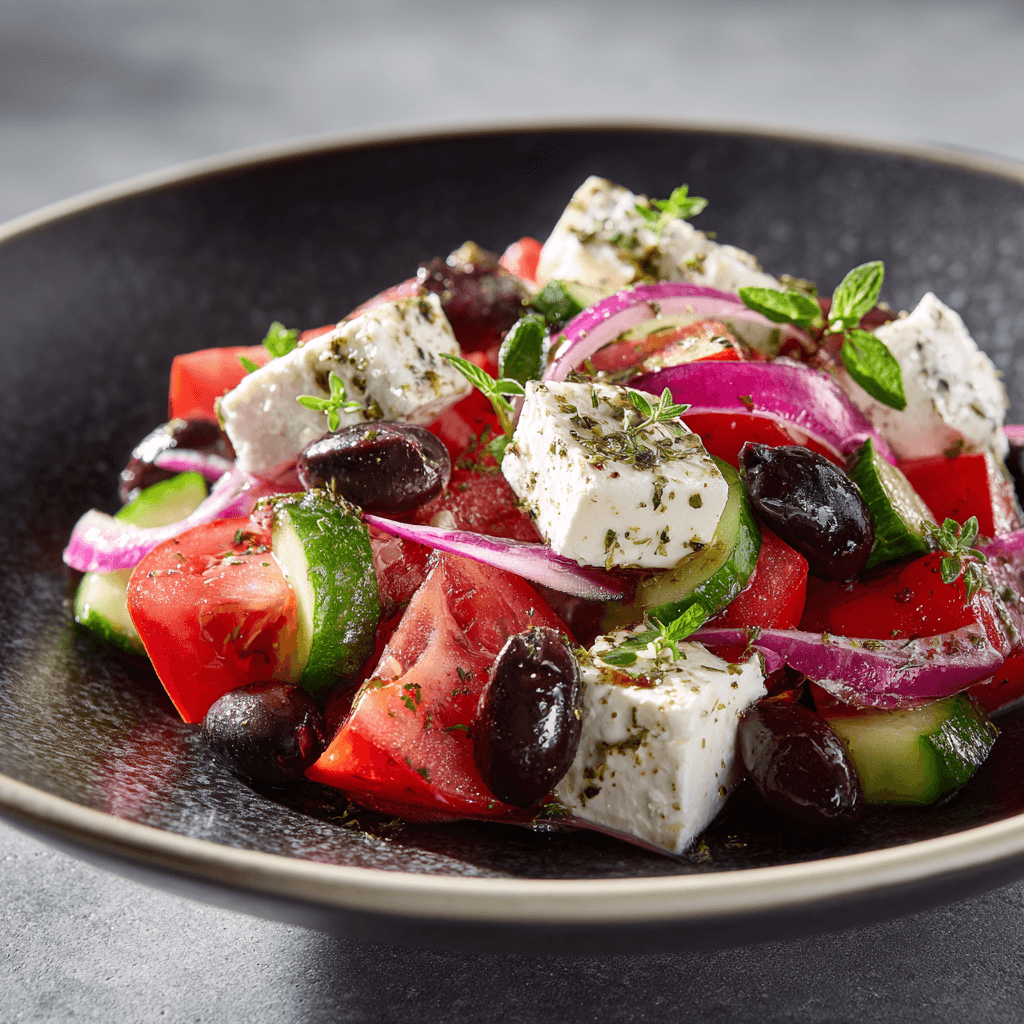 Close-up of finished Gordon Ramsay Greek Salad plated and ready to serve with fresh vegetables and feta