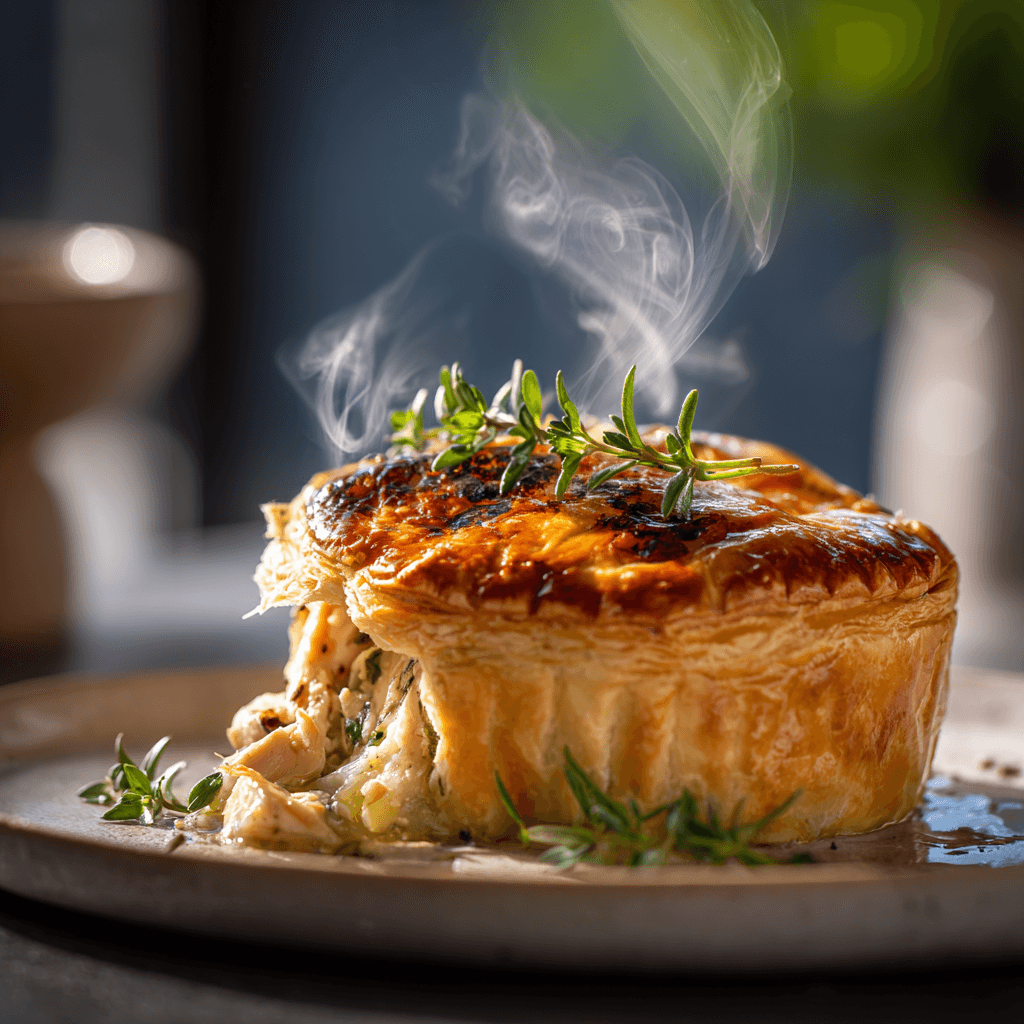 Close-up of finished Gordon Ramsay Chicken And Leek Pie plated and ready to serve