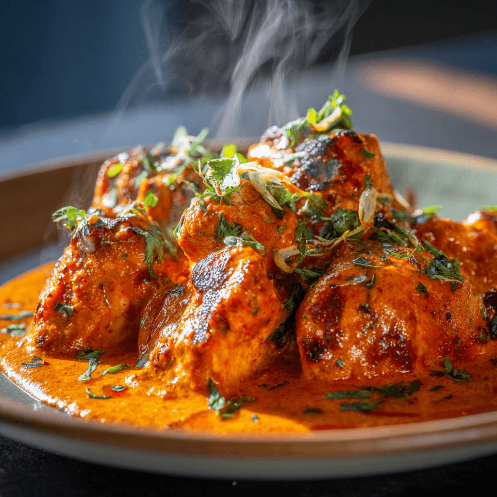 Close-up of finished Gordon Ramsay Butter Chicken plated and ready to serve