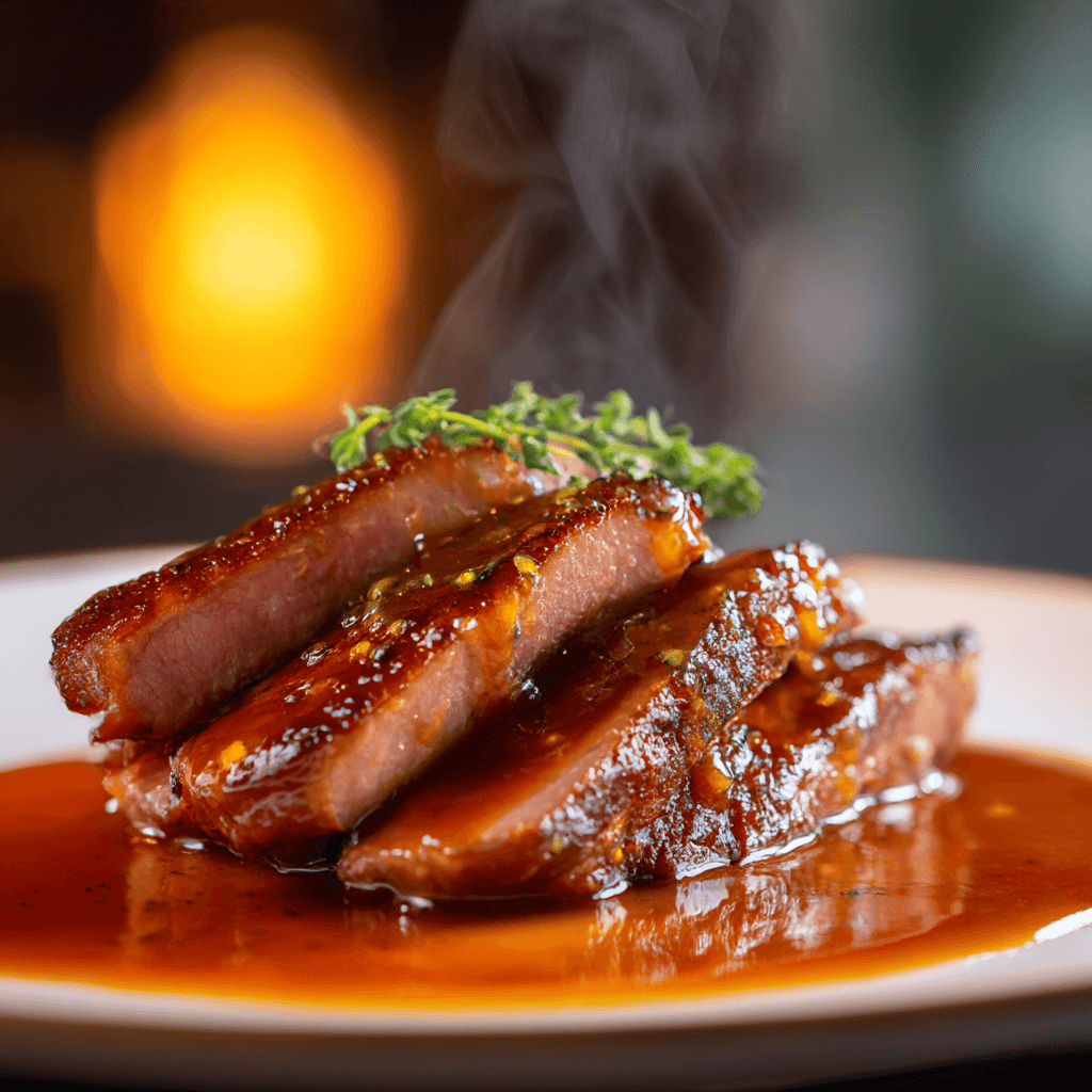 Close-up of finished Gordon Ramsay Duck Orange Sauce plated and ready to serve
