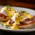 Close-up of finished Gordon Ramsay Eggs Benedict with golden hollandaise sauce and perfectly poached eggs
