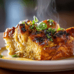 Close-up of finished Gordon Ramsay Bread Pudding plated and ready to serve
