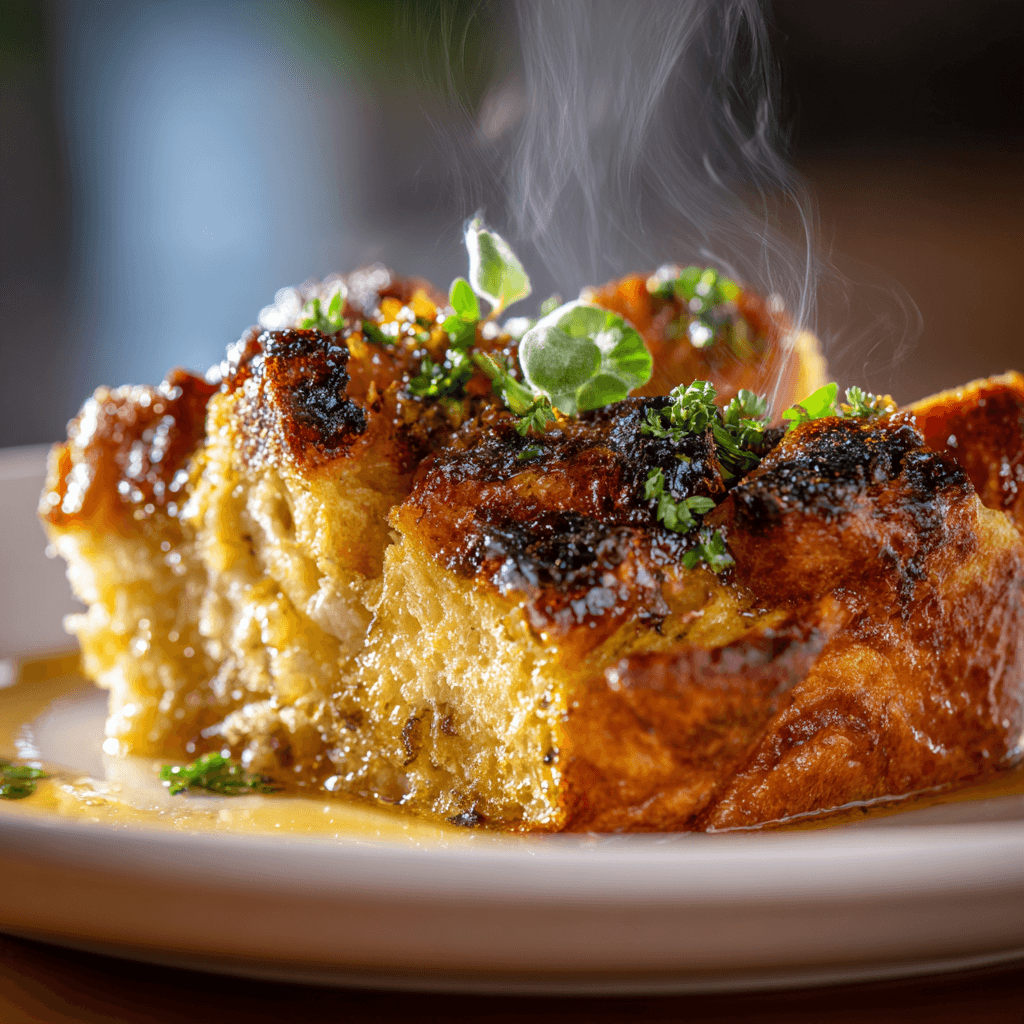 Close-up of finished Gordon Ramsay Bread Pudding plated and ready to serve