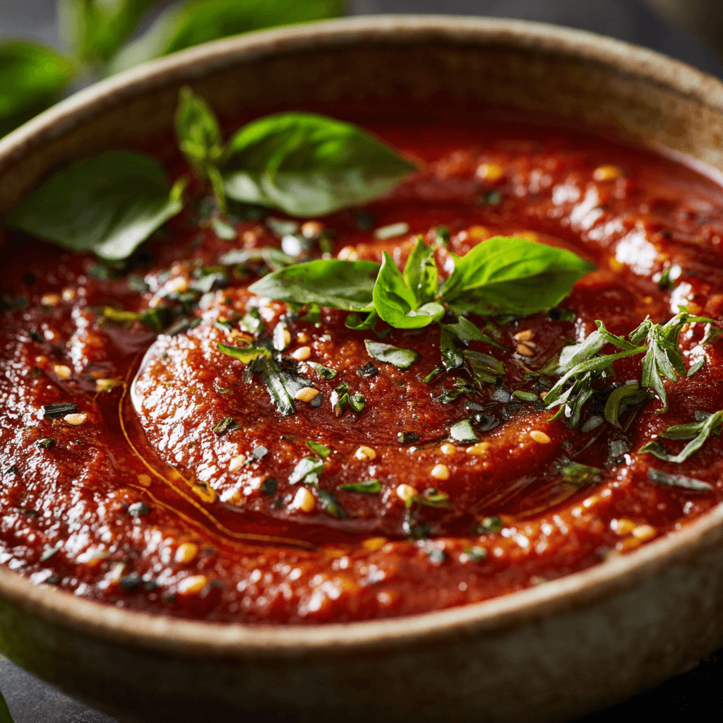 Close-up of finished Gordon Ramsay Pizza Sauce in bowl ready to serve with fresh basil garnish