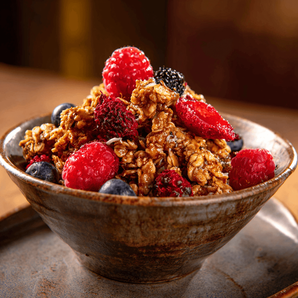 Close-up of finished Gordon Ramsay Granola in bowl ready to serve