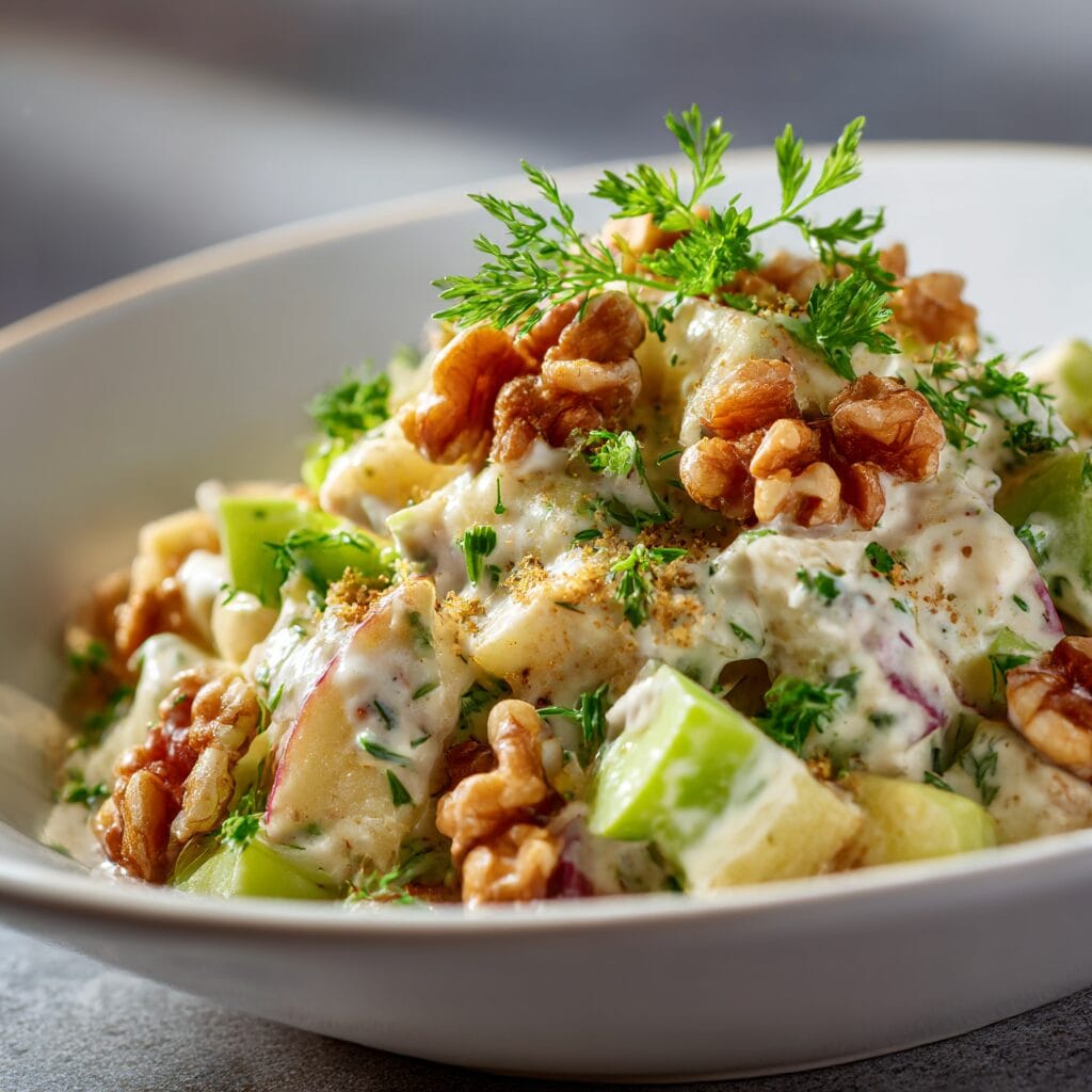Close-up of finished Gordon Ramsay Waldorf Salad plated and ready to serve